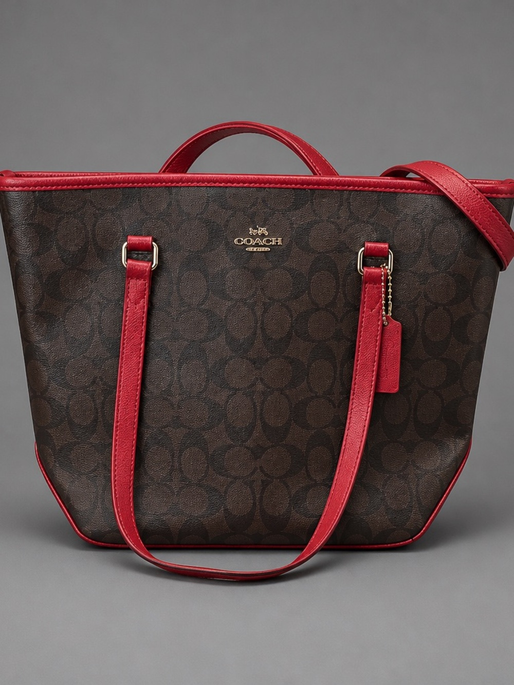 Coach Brown Signature Tote with Red Trim